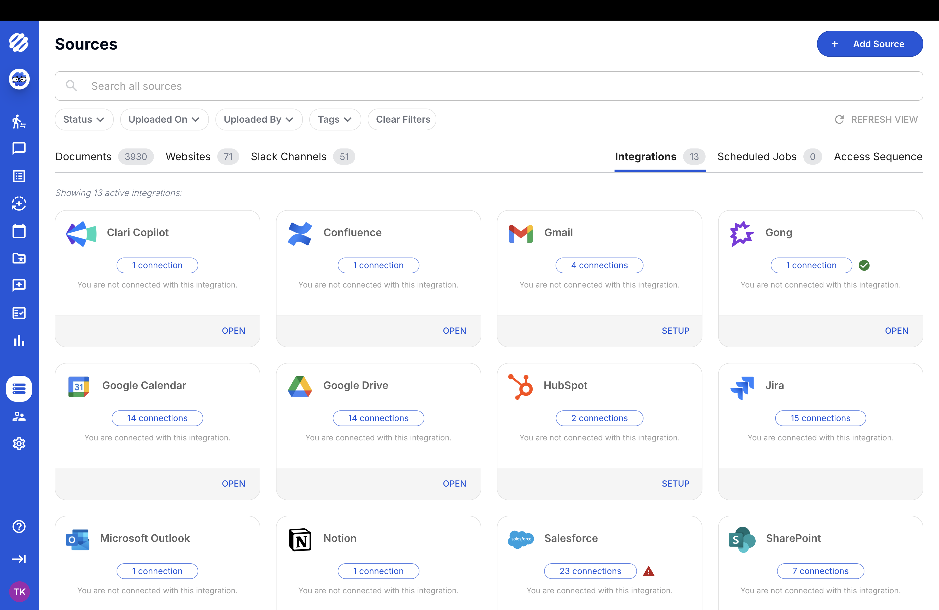 The Sources screen in Tribble: documents, websites and Slack channels alongside the connected systems they come from